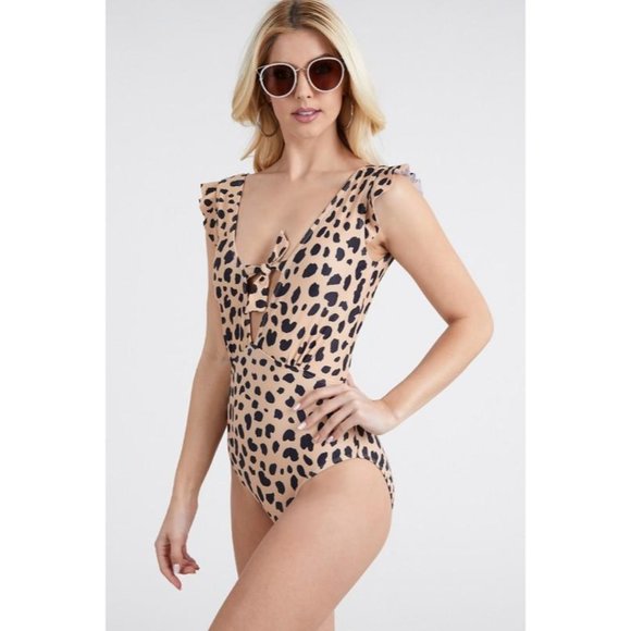 Women's Leopard One Piece Swim Suit Tan And Black. - Picture 3 of 4